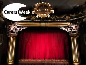 Image of a thearre stage curtain with Carers Week logo