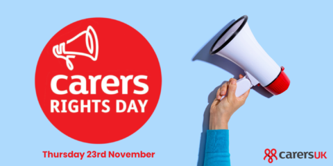 Carers Rights Day logo with hand holding a megaphone on blue background