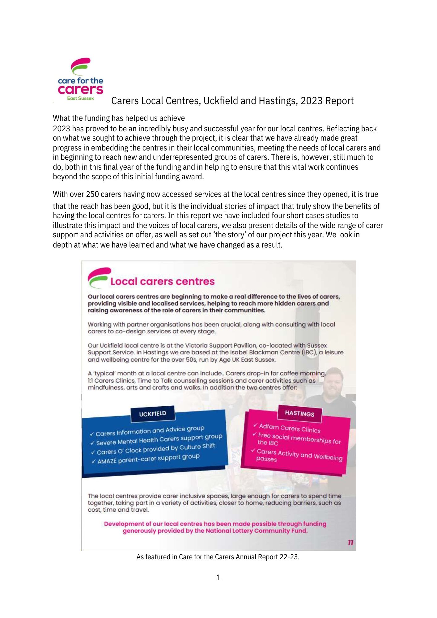 Front page of Local Carers Centre report 2023 shows text  and image of page of Annual Review 2022-23