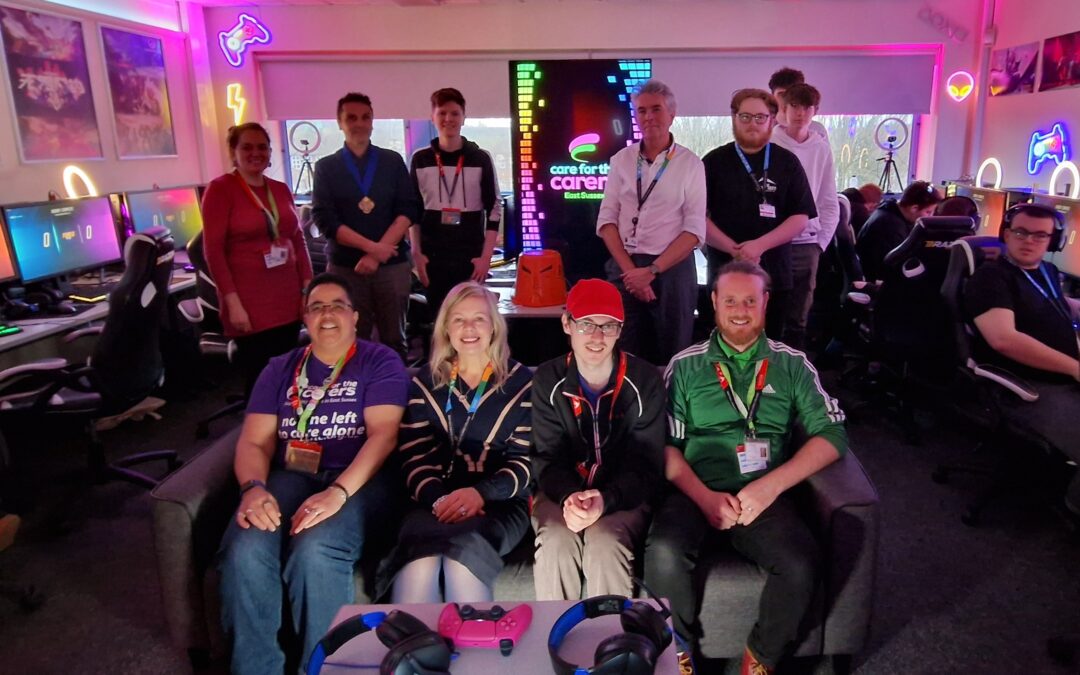 CFTC and College staff and students with Lewes Mayor Matthew Bird, Alex Downham, Default Interactive, Rachel Hesterbanks, Care for the Carers Team Leader, Rebecca Conroy, ESCG CEO and Josh Pipe, Young Adult Carer at Gaming Fundraiser.