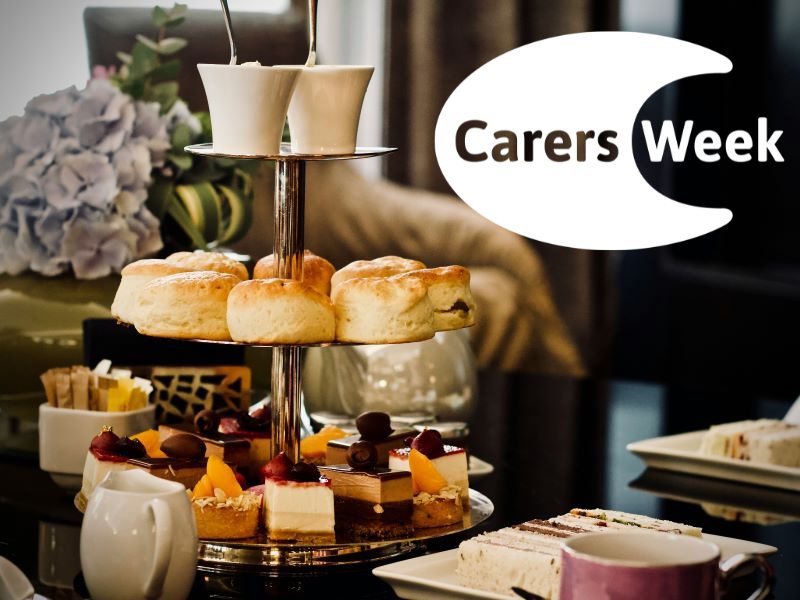 Afternoon Tea on a cake stand. Carers Week logo.