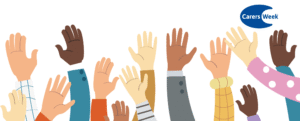 Raised hands graphic with Carers Week logo