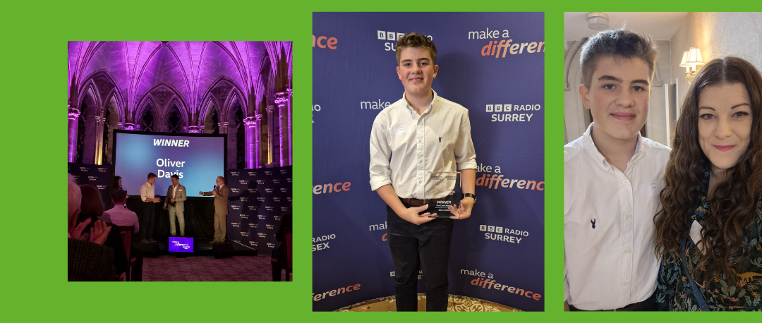 Images of Oliver with his award, and with his mum