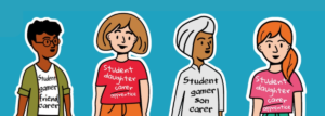 Graphic of four young carers each wearing a t-shirt that shows their different roles, e.g. student, gamer, son, carer