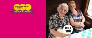 Banner with pink background, Remember a Charity logo and image of two ladies in a train carriage smiling at camera, and Will You logo.