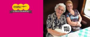 Banner with pink background, Remember a Charity logo and image of two ladies in a train carriage smiling at camera, and Will You logo.