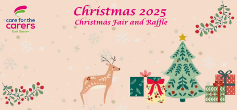 Graphic image for Christmas 2025 Fair and Raffle with images of tree, gifts, reindeer and berries at corners.