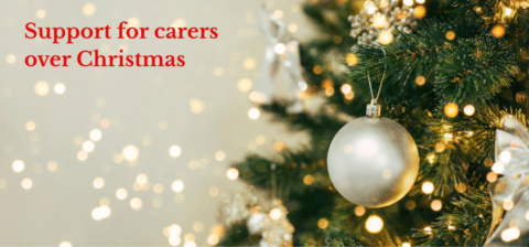 Christmas tree and bauble against sparkly background and text 'Support for Carers over Christmas'